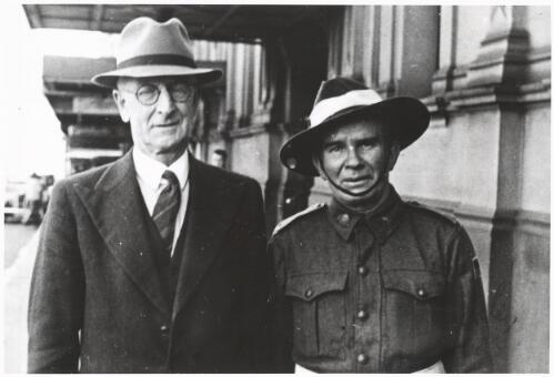 Charles Edwin Woodrow Bean and an unknown soldier at Parliament House, Canberra, Australian Capital Territory [picture]