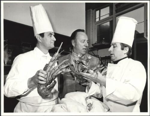 French chefs, Michel Guerard (left) and Paul Bocuse and Andrew Staley, owner of Glo Glo's restaurant in Melbourne, Victoria [picture] / Australian Information Service photo by Terry Rowe
