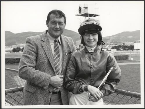 Bev Buckingham with her father, Ted Buckingham before a race meeting in Hobart, Tasmania, 1982 [picture] / Australian Information Service photo by John McKinnon