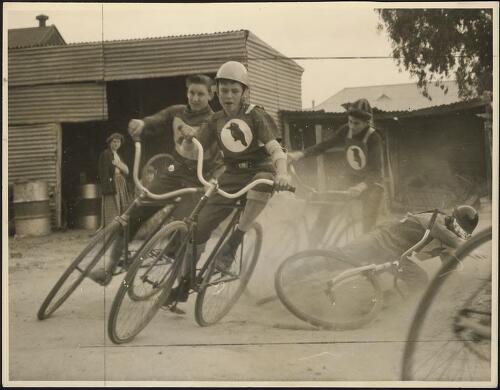 Exhibition by boys from Woodville Gardens combined cycle speed way at McLaren Vale, South Australia, 18 June, 1957 [picture]