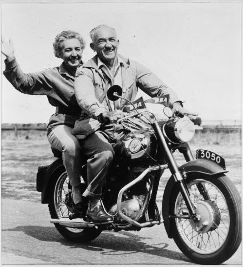 Kylie Tennant and Xavier Herbert on a BSA motorcycle, 16 March 1964 [picture]