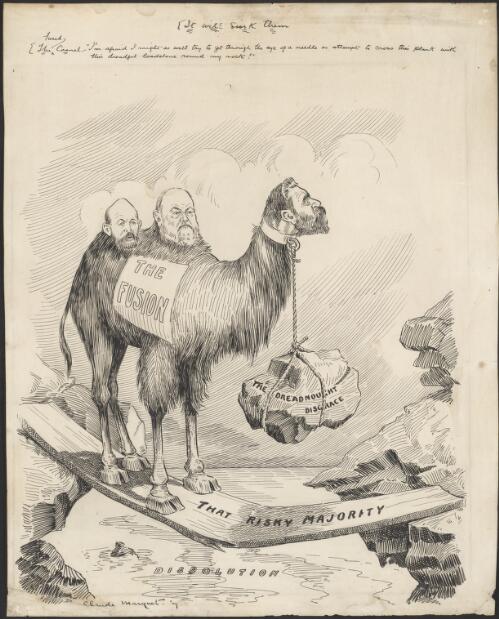It will sink them.  The fused camel - I'm afraid I might as well get through the eye of a needle as attempt to cross this plank with this dreadful loadstone round my neck!" [Alfred Deakin] [picture] / Claude Marquet