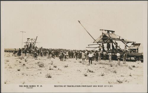 Meeting of tracklayers from east and west, Trans-Australian Railway, Ooldea Region, South Australia, 17 October 1917 [picture]