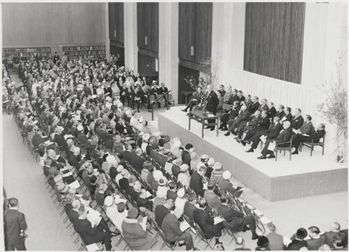 Officials and dignitaries being addressed at the opening of the National Library of Australia, Canberra, 1968 [picture]