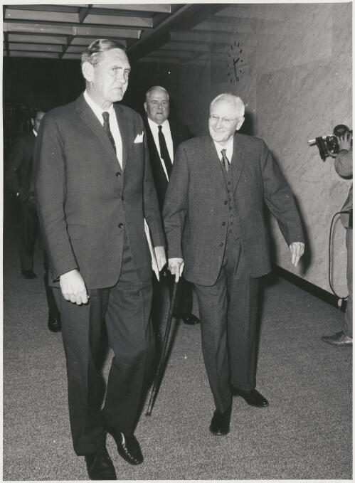 Sir John Gorton and Sir Archibald Grenfell Price at the opening of the National Library of Australia, Canberra, 1968 [picture]