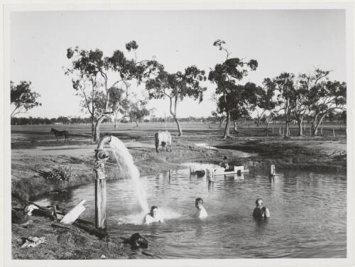Three men swimming in an artesian bore, Pilliga, New South Wales, ca. 1940 [picture] / H.B. Ballard