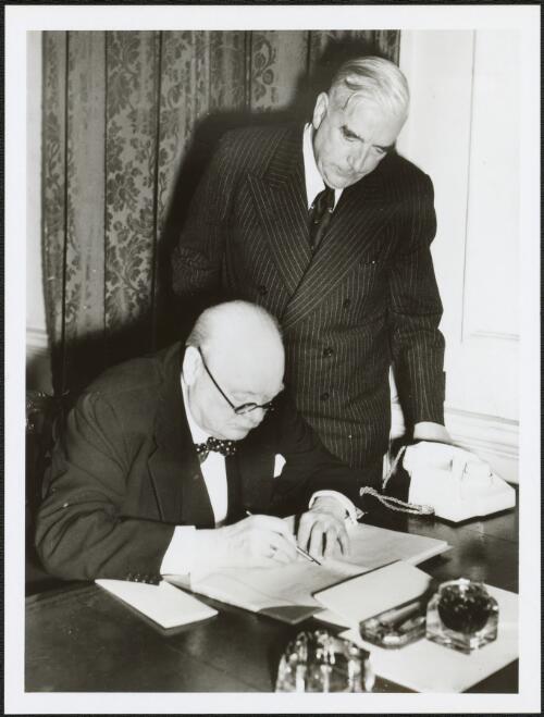 Portrait of Prime Ministers R.G. Menzies and Winston Churchill at Downing Street, London, 1941 [picture]
