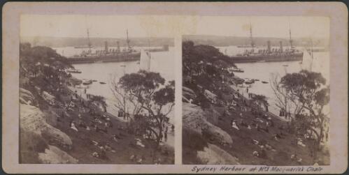 People in the Domain near Mrs Macquarie's Chair seeing off a ship contingent, Sydney Harbour, ca. 1899 [picture] / Kerry & Co?