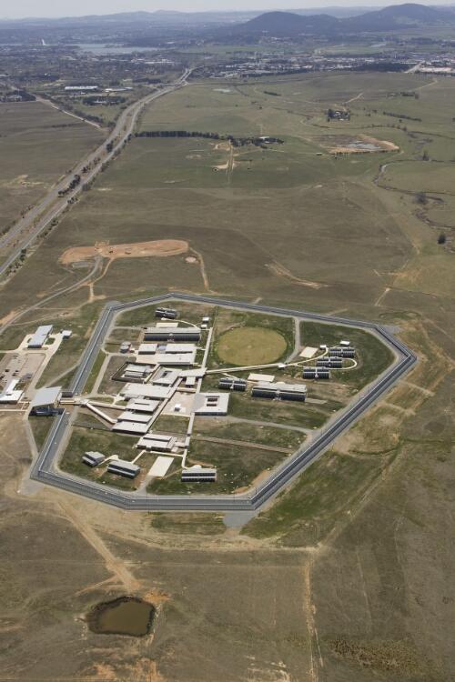 Aerial view of the ACT prison, Alexander Maconochie Centre, Hume, Canberra, 30 September 2008 [picture] / Geoff Comfort