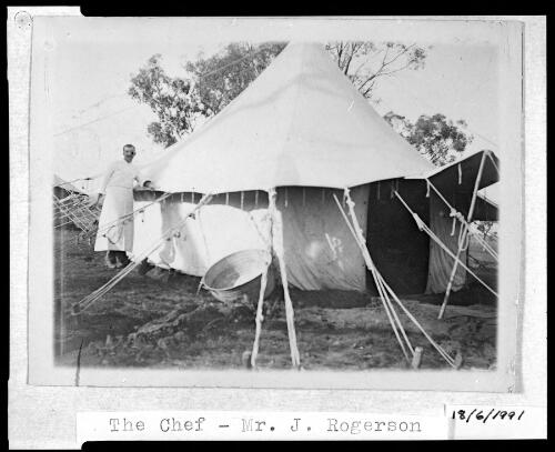 Federal City Camp chef Mr. J.G. Rogerson standing outside a tent, Canberra, 1909 [picture]