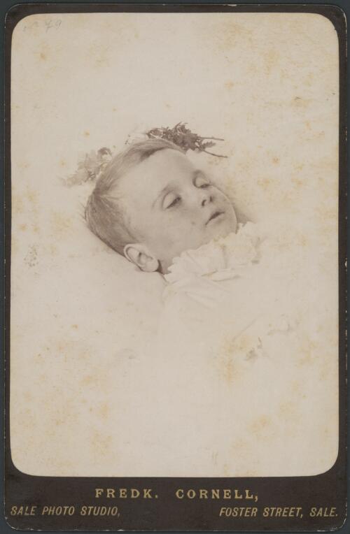 Funerary photograph of a child against a white background, Sale, Victoria, ca. 1882 [picture] / Fredk. Cornell