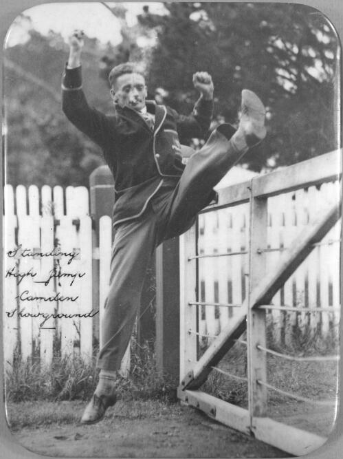Athlete Nick Winter performing a standing high jump, Camden Showground, New South Wales, ca. 1925 [picture]