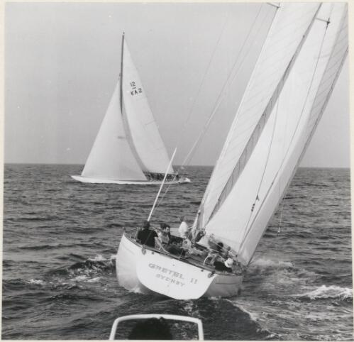 Gretel II in a tacking duel with Gretel during a trial race off Sydney Heads, April 1970 [picture]