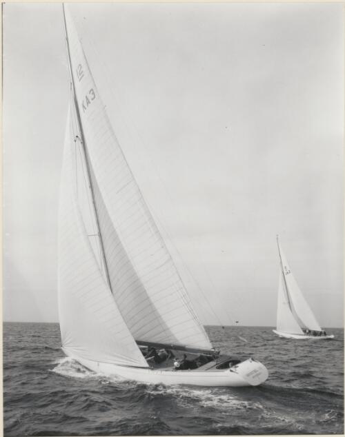 Gretel II in foreground edges her way under Gretel's lee during a trial race off Sydney Heads, April 1970 [picture]