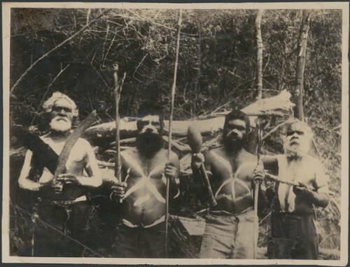 Neddy, Biamanga (Jack Mumbler), an unidentified man and Umbarra (Merriman) at Wallaga Lake, New South Wales, ca. 1900 [picture] / William Henry Corkhill