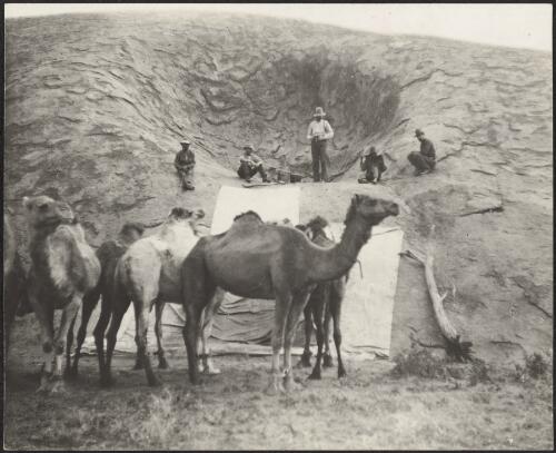 Captain S.A. White's party at a rock hole containing water in the Everard Ranges, Central Australia, 1913 [picture] / Captain S.A. White
