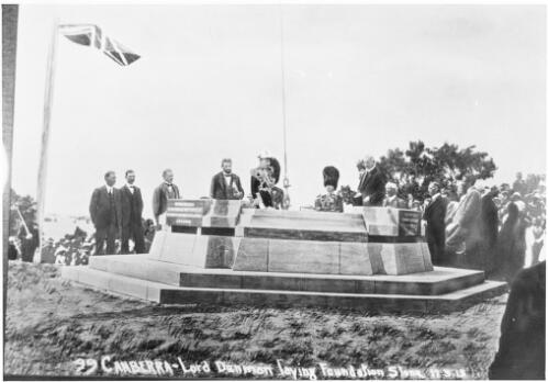 Lord Denman laying the foundation stone, Canberra, 12 March 1913 [picture] / Howard & Shearer