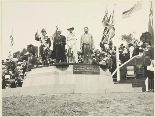 Prime Minister Andrew Fisher standing between Lord and Lady Denman and King O'Malley during the playing of the National Anthem, Canberra naming ceremony, 12 March 1913 [picture]