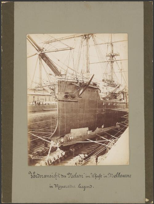 HMS Nelson in dry dock, Williamstown, Victoria, ca. 1884 [picture] / J.W. Lindt, Ph. Melbourne
