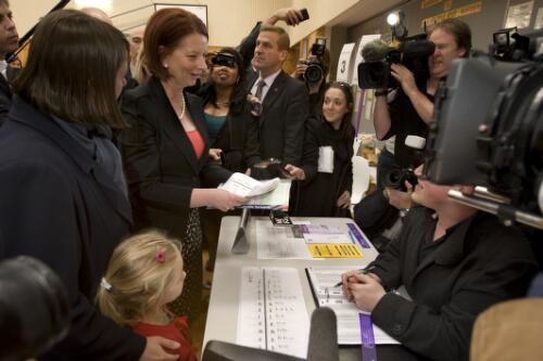 Prime Minister Julia Gillard with ballot paper at Seabrook Public School, during the Australian Federal Election, Melbourne, August 2010 [picture] / Benjamin Rushton
