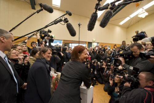 Prime Minister Julia Gillard with Nicola Roxon voting at Seabrook Public School in front of media contingent, during the Australian Federal Election, Melbourne, August 2010 [picture] / Benjamin Rushton