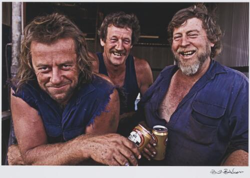 Council mechanics, Jack Western, Bob Mackenzie and Bryan Steele having a drink of beer, Gascoyne Junction, Western Australia, ca. 1995 [picture] / Bill Bachman