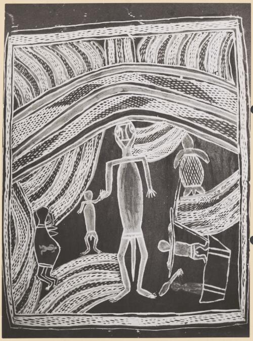 Eastern Arnhem Land bark painting depicting Tyambul, the Thunderman, and the myth with the spirit children and the turtle, ca. 1948 [picture] / Charles Mountford