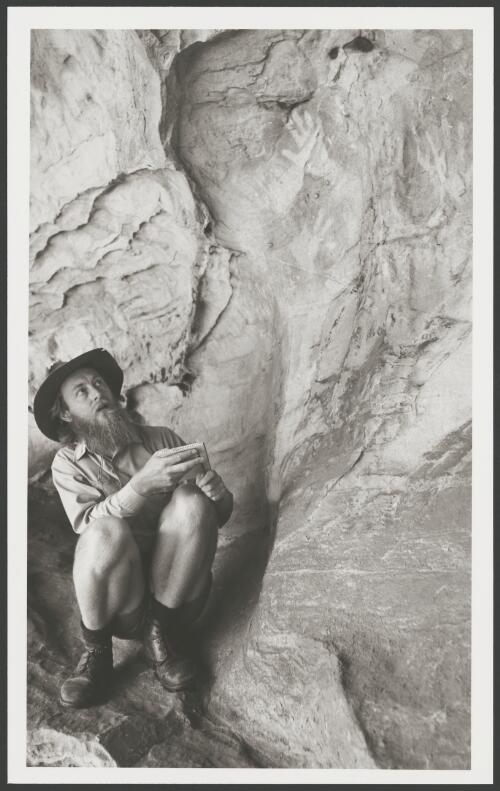 Ben Gunn stencilling in the Cave of hands, Grampians, Victoria, 19 January 1984 [picture] / John McKinnon