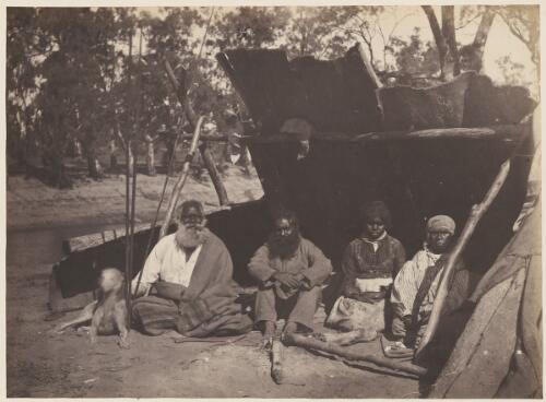 King John and his wife and Aboriginal couple at their encampment near the River Murray, Swan Hill, Victoria, ca. 1880 [picture] / Samuel White Sweet
