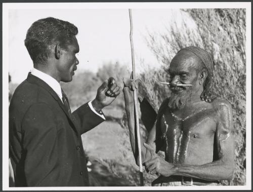 Harry Jagamara Nelson of the Warlpiri, left, and Jabandara of the Pintupi at Yuendumu, Northern Territory, 3 November 1971 [picture] / Michael Jensen