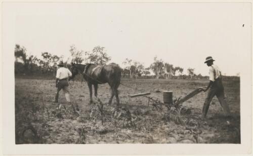 Two Aboriginal men of the Yolngu language group using a horse drawn seeder, Milingimbi Mission, Northern Territory, ca. 1930 [picture]