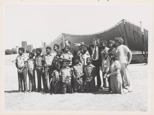 Father Brian Morrison and a missionary with Aboriginal children from remote Western Australia for the 40th International Eucharistic Congress at the Sidney Myer Music Bowl, Melbourne, 16 January 1973 [picture] / Terry Rowe