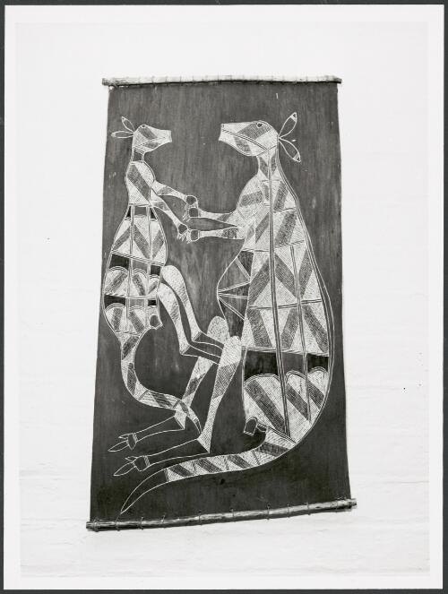 Gunbalanya bark painting depicting an adult and a young kangaroo held at the Collectors Gallery of Aboriginal Arts, Sydney, New South Wales, 9 August 1979 [picture] John Tanner