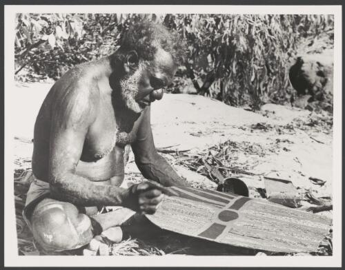 Aboriginal man of the Tiwi Language group painting on bark, Bathurst or Melville Islands, Northern Territory, 16 February 1976 [picture] / Australian Information Service