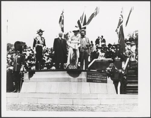 Prime Minister Andrew Fisher standing between Lord and Lady Denman and King O'Malley during the Canberra naming ceremony, 12 March 1913 [picture]