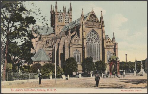 Northern end of St. Mary's Cathedral with Frazer drinking fountain, Sydney, ca. 1910 [picture]