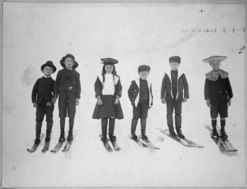 Six children on skis, Kiandra, New South Wales, probably 1906 / photo by Kerry