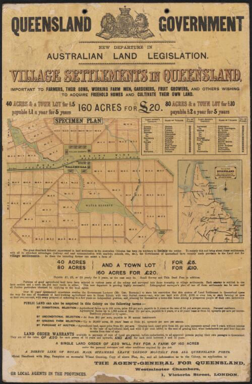 Village settlements in Queensland : important to farmers, their sons, working farm men, gardeners, fruit growers, and others wishing to acquire freehold homes and cultivate their own land