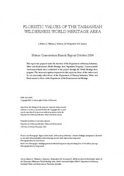 A review of the floristic values of the Tasmanian Wilderness World Heritage Area [electronic resource] / J. Balmer ... [et al]