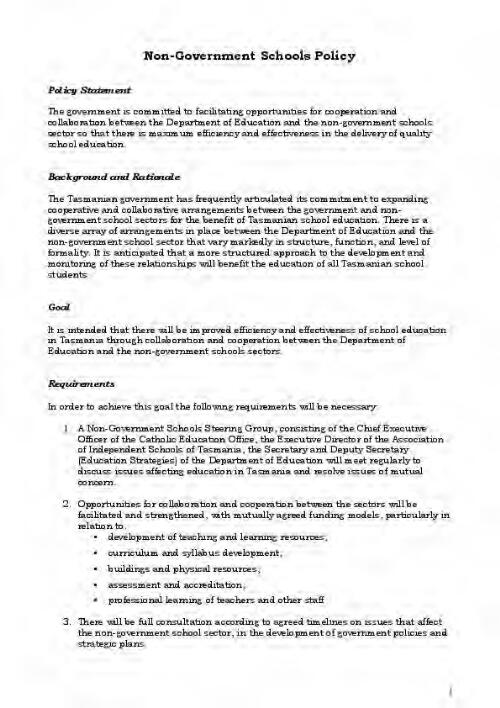 Non-government schools policy [electronic resource] / Dept. of Education, Tasmania