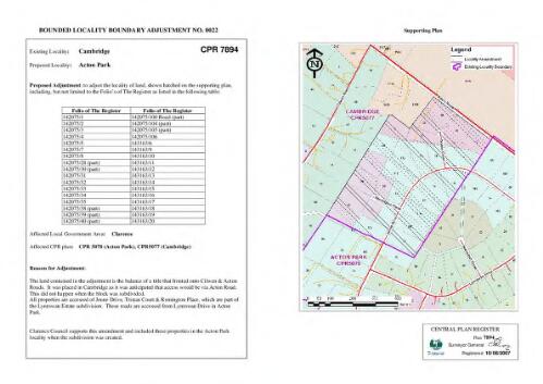 Bounded locality boundary adjustment no. 0022 [electronic resource] : existing locality, Cambridge : proposed locality, Acton Park / Surveyor General, Tasmania