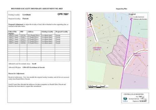 Bounded locality boundary adjustment no. 0025 [electronic resource] : existing locality, Lewisham : proposed locality, Forcett / Surveyor General, Tasmania