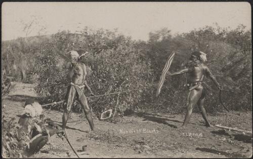Aboriginal men with boomerangs and spears, Western Australia, approximately 1910 / Ernest Lund Mitchell