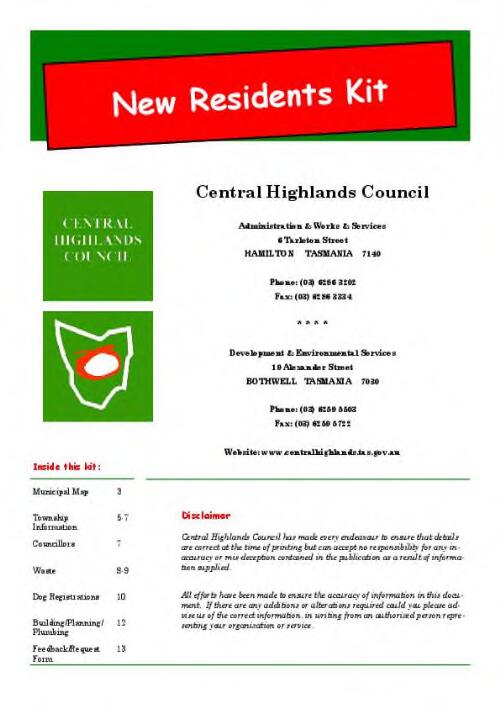 New resident's kit / Central Highlands Council
