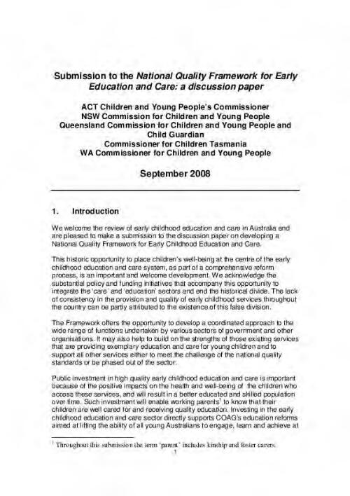 Submission to the National Quality Framework for Early Education and Care: a discussion paper