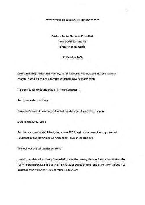 Address to the National Press Club [electronic resource] : 21 October 2009 / Hon. David Bartlett MP, Premier of Tasmania