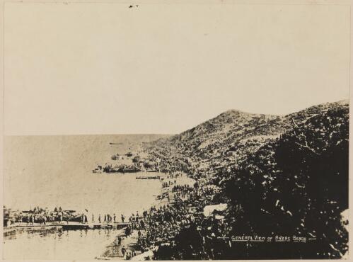 Troops on Anzac Beach, Gallipoli, probably 1915 / D.A. Markwell