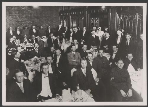 Dinner held in honour of Messrs. King and Rowley, staff members of Angus & Robertson before departing for the front, approximately 1915