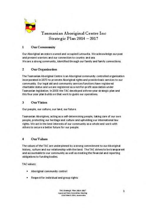 Strategic plan 2014-2017 / Tasmanian Aboriginal Centre Inc