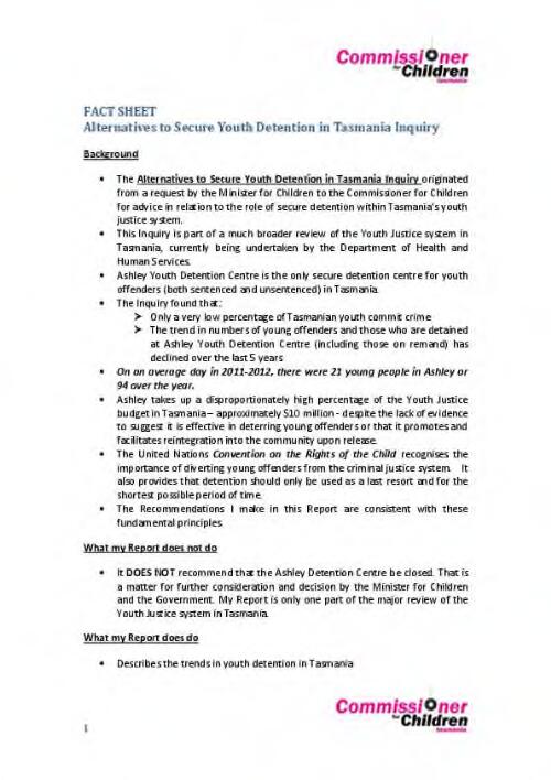 Fact sheet : alternatives to secure youth detention in Tasmania inquiry / Elizabeth Daly, Commissioner for Children
